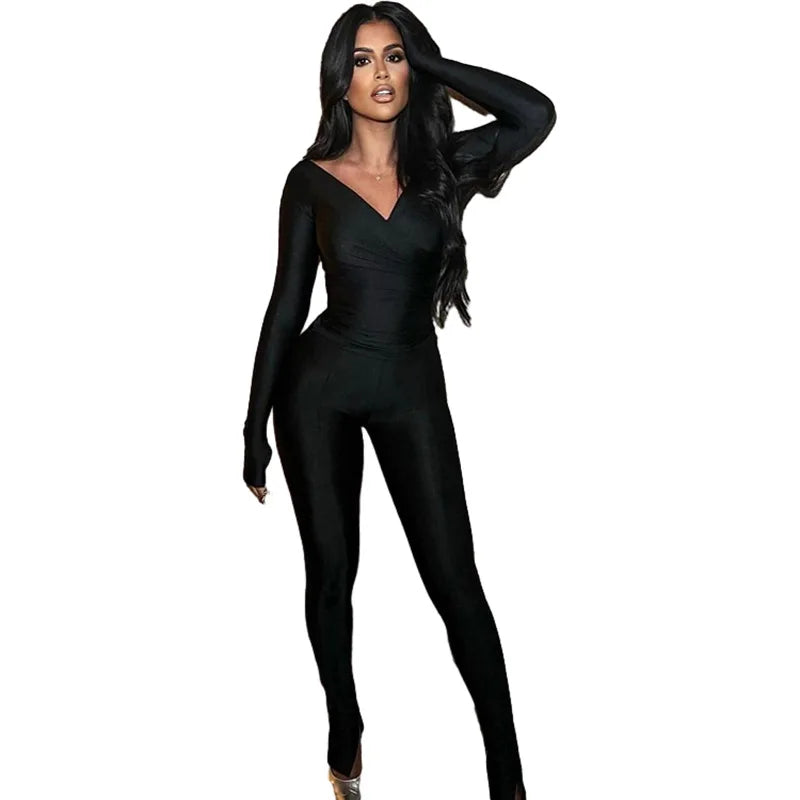 2025 Spring/Summer Women's Sexy Off Shoulder Big V-neck European and American Style High Waist Tight Pants Casual Sports Set