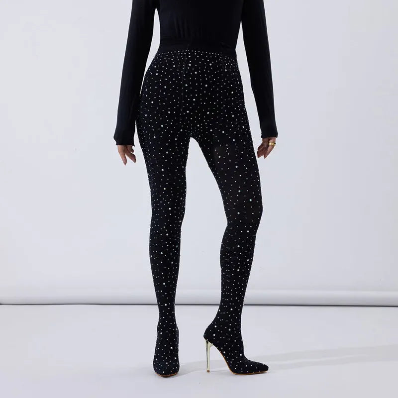 Black Lace Crystal Pointed Toe Over The Knee Boots For Women
