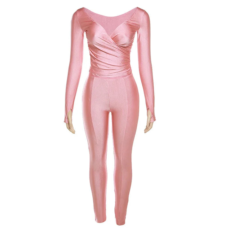 2025 Spring/Summer Women's Sexy Off Shoulder Big V-neck European and American Style High Waist Tight Pants Casual Sports Set