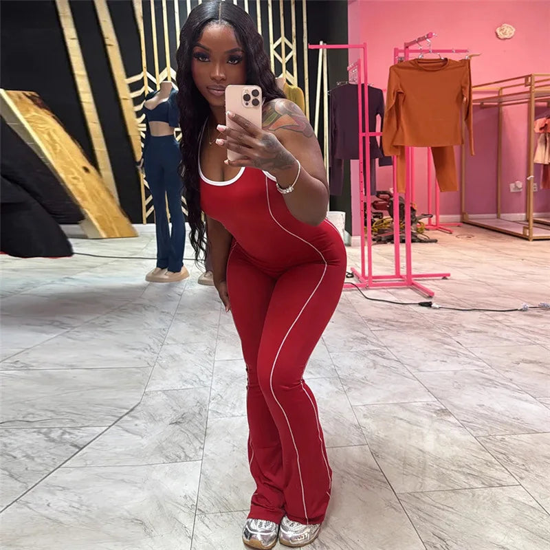 FAGADOER Fashion Striped Patchwork Bodycon Jumpsuits Women Sleeveless Backless Hollow Out Rompers Female Streetwear Overall New