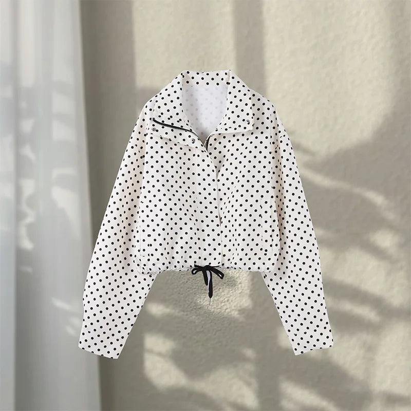 Loose Polka Dot Zipper Women's Shorts Set Stand Collar Patchwork Full Sleeve Pockets Jacket Tie Up Short Pant Suit Summer Outfit
