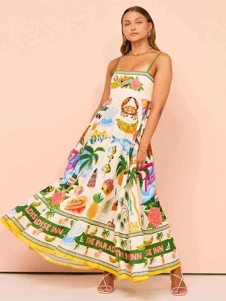Sexy Off-Shoulder Graffiti Cotton Linen Print Maxi Dress Women's New Hot Sale Of The Season Sleeveless Loose Fit Gown for Women