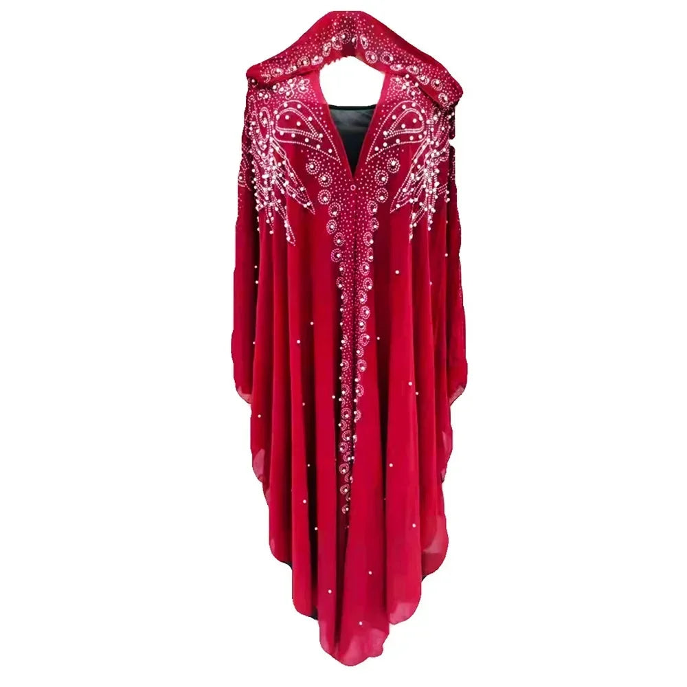 Middle East Africa Hot Muslim Long Robe Vintage Diamond Bead Shoulder Cover Hooded Cloak Dress Bat Sleeve Women's Dress New