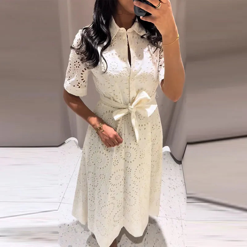 Embroidered maxi Dress Women Lapel Hollow Fashionable Short Sleeve Belt High Waist long Dresses Female Summer Chic robe