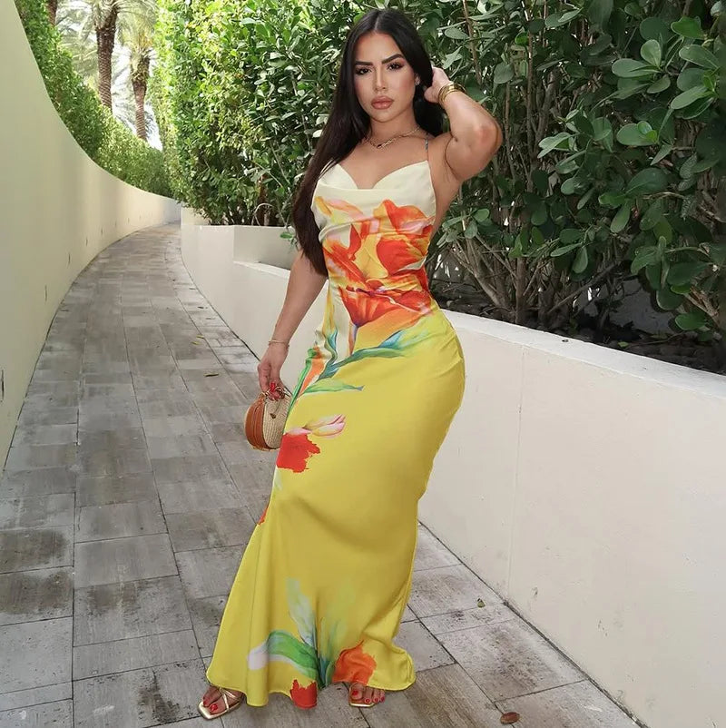 GLCMYAYA Women Floral Printed Bodycon Midi Backless Satin Maxi Long Dress 2025 Vacation Holiday Party Birthday Dresses Vestidos