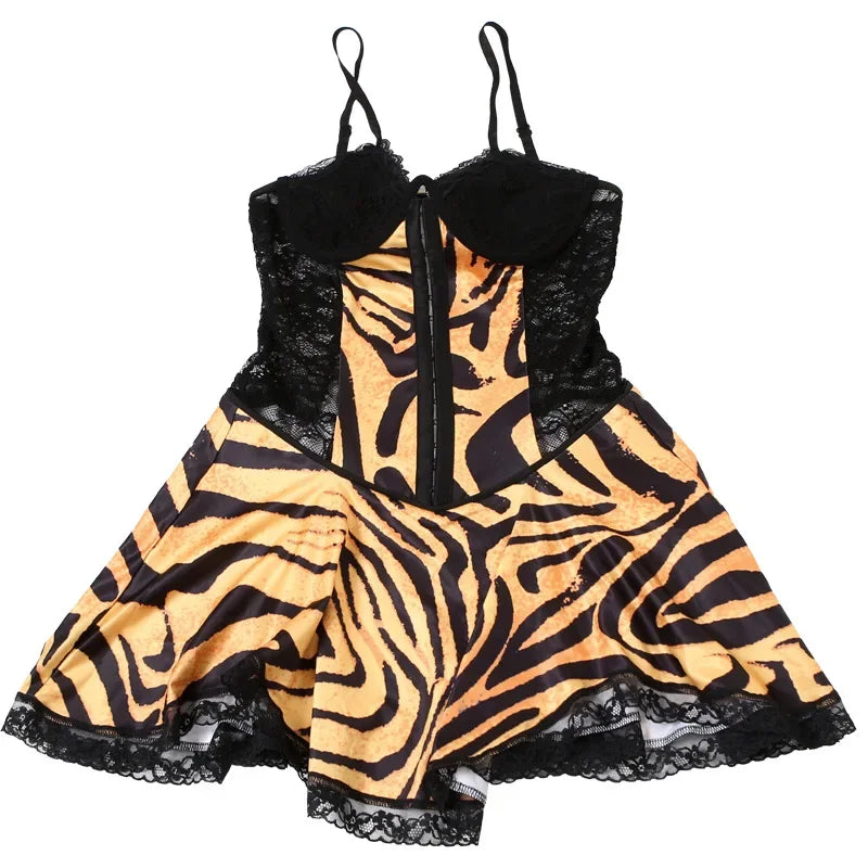 Sexy Skirt Women Product Backless Slim Fit Perspective Lace Leopard Print Patchwork Suspender Short Dresses 2025 Autumn Winter