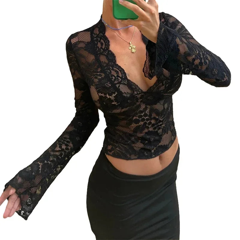 Aesthetic Lace Top Women Sexy Clothing See Through Deep V Neck Flared Long Sleeve T Shirts Party Clothes Clubwear