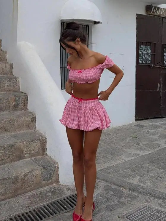 Plaid Off-Shoulder Two-Piece Set