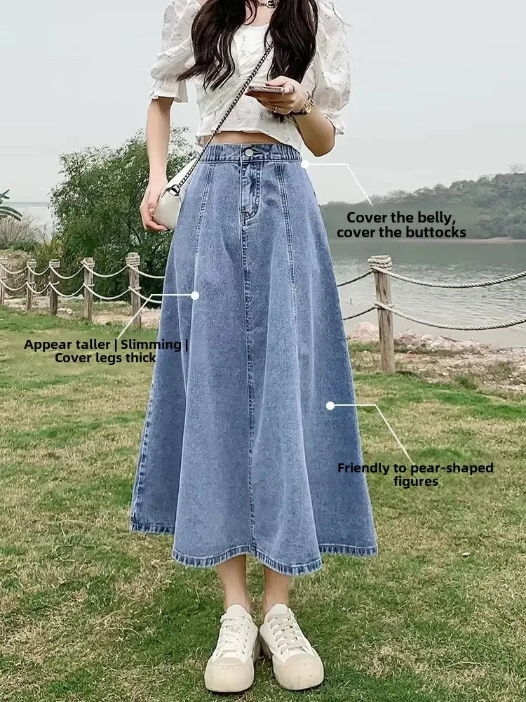 Fashionable Spring Medium-Length High-Waisted Jeans Long Dress Women's Elastic Waist A- Line Skirt Umbrella Skirt