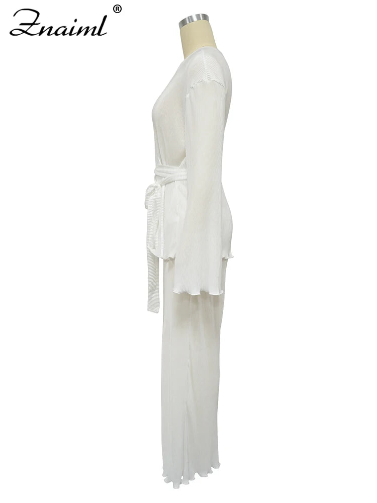 Znaiml Elegant Pleated Two 2 Piece Sets Women Full Sleeve V-neck Belt Tops and Wide Leg Pants Office Lady Outfits Vacation Suits