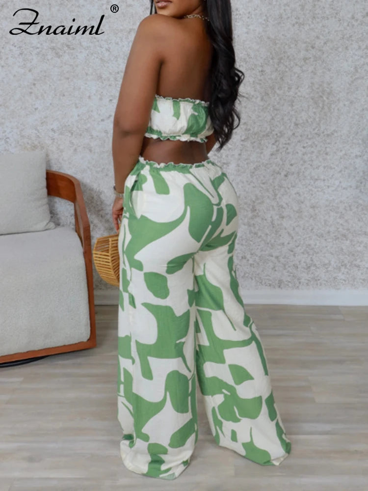 Znaiml Strapless Off Shoulder Hollow Out Green Printed Wide Leg Pants Jumpsuits Women Sexy Beach Vacation Summer Party Overalls