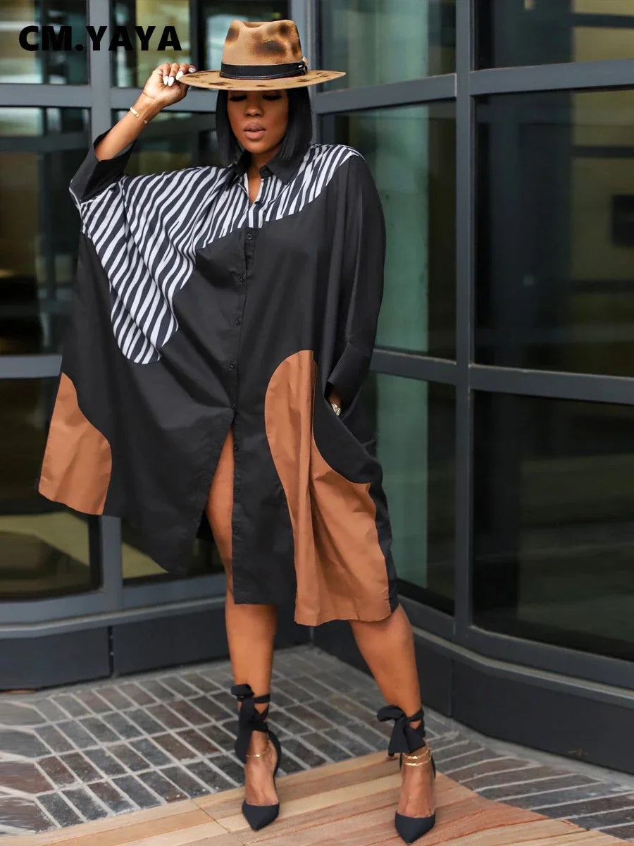 CM.YAYA Elegant Patchwork Women Long Sleeve Single Breasted Loose Shirt Dress Street Fashion Slim Striped Smock INS Dresses