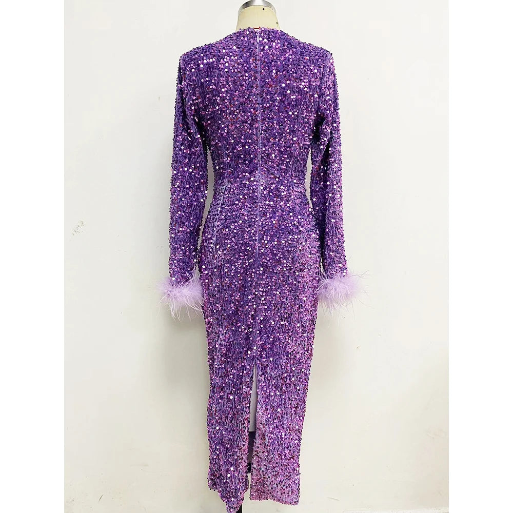 Women's Dress Elegant Celebrity Party Sequin Cuff Feather Retro Slim Long-Sleeve Long Dress Fashion Evening Party Dress