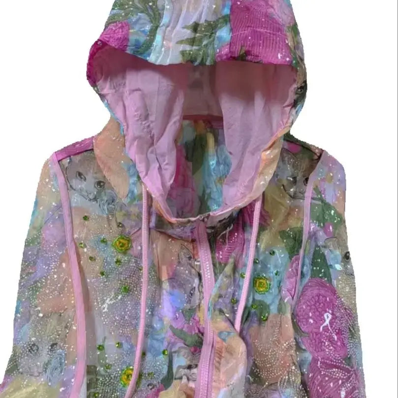 Rhinestone Embellished Hooded Chiffon Top