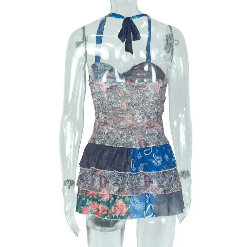Colorful Print Dress Women Halter Backless Sleeveless Ruched Ruffles Tierred Vacation Beach Party Trend Mini Bodycon