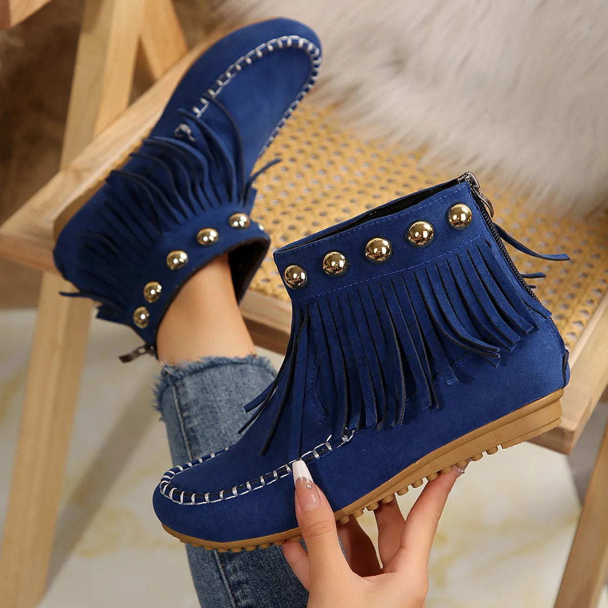 Women Boots Winter New Vintage Fringe Ankle Boots Women Side Zipper Casual Shoes Round Toe Ladies Snow Boots Zapatos De Mujer