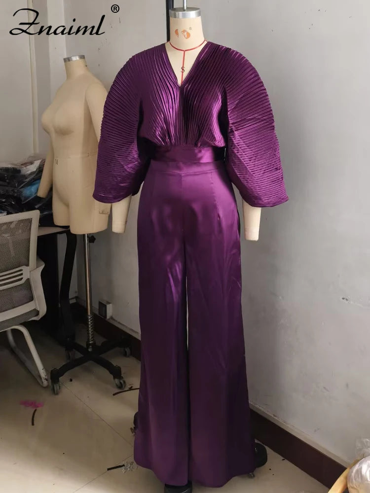 Znaiml Pleated Blouse V Neck Full Sleeve and Wide Leg Pants Women Loose 2 Pieces Sets Elegant Office Ladies African Outfits 2025