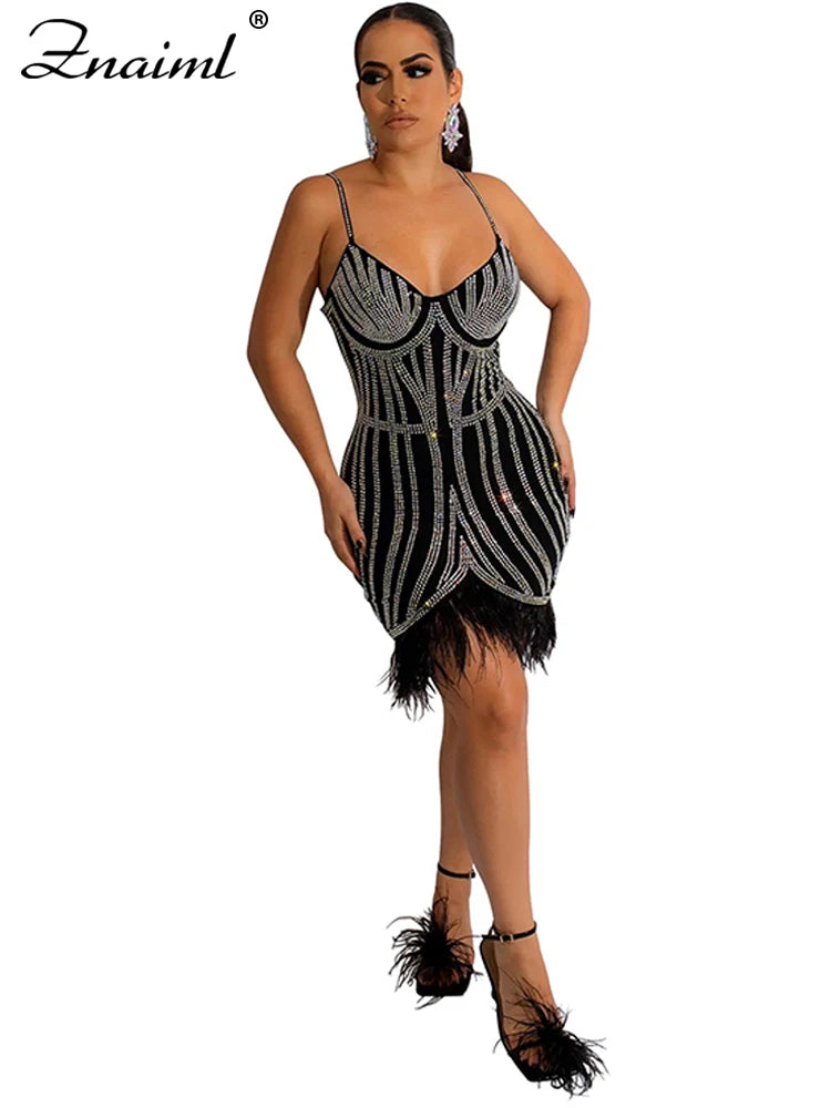 Znaiml Luxury Party Club Prom Mini Dress Women Sexy Rhinestones Black Feather Tassel Hem Spaghetti Strap Bodycon Birthday Robe