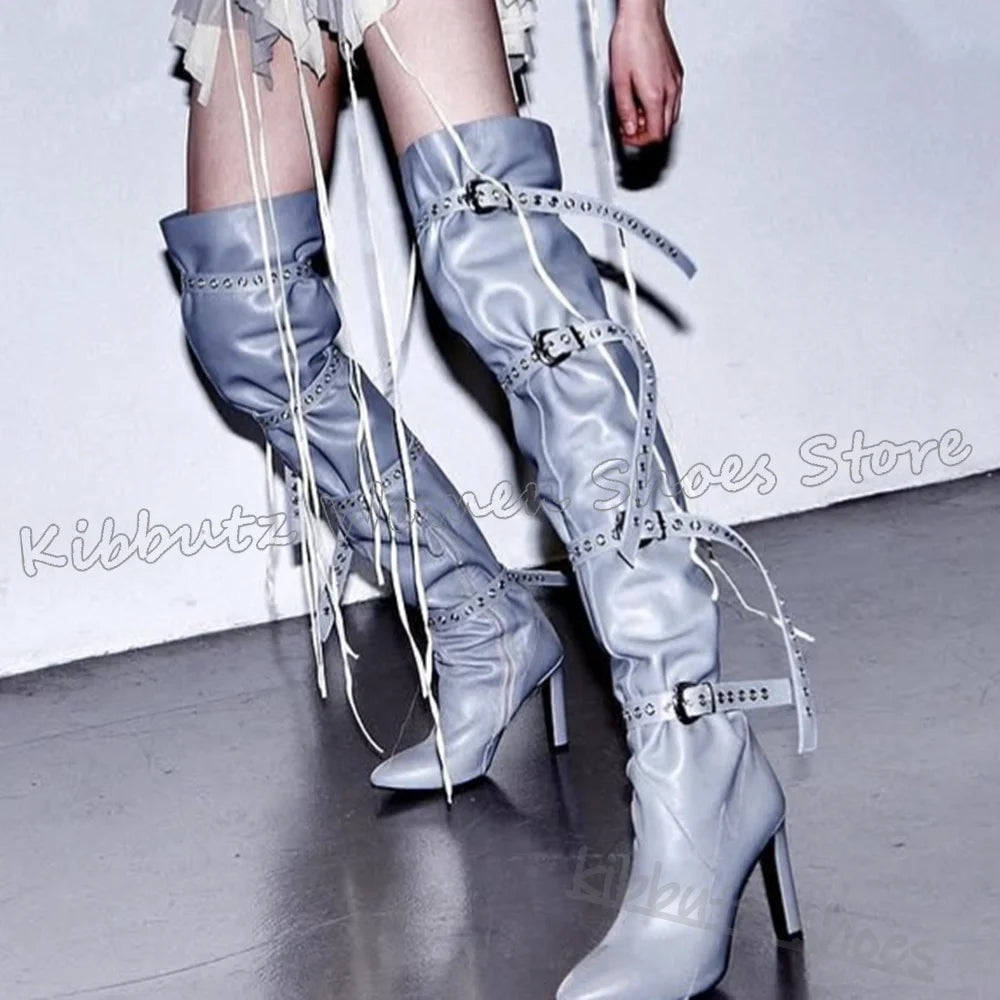 Above The Knee Boots Belt Buckle Pointed Toe Chunky Heels Solid Color Leather Fashion Luxury Elegant Concise Spicy Girls Shoes