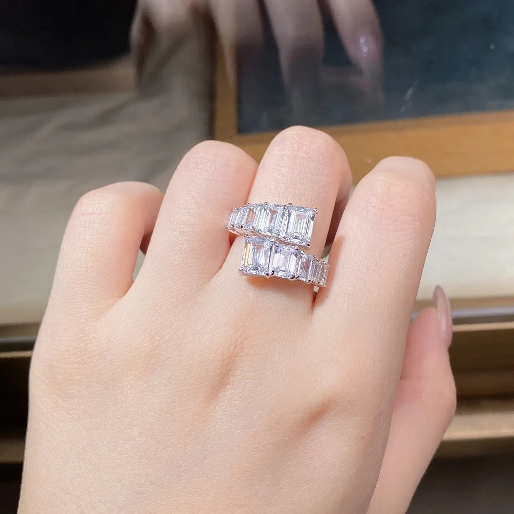 PANSYSEN 925 Sterling Silver Emerald Cut High Carbon Diamond Gemstone Wedding Engagement Adjustable Ring Fine Jewelry Wholesale