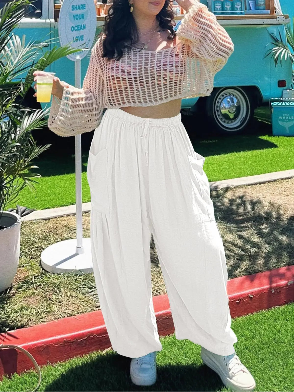Loose Wide Leg Pants Women's Clothing Elastic Waist Pleated High Waist Casual Cotton Linen Solid Color Trousers Pants