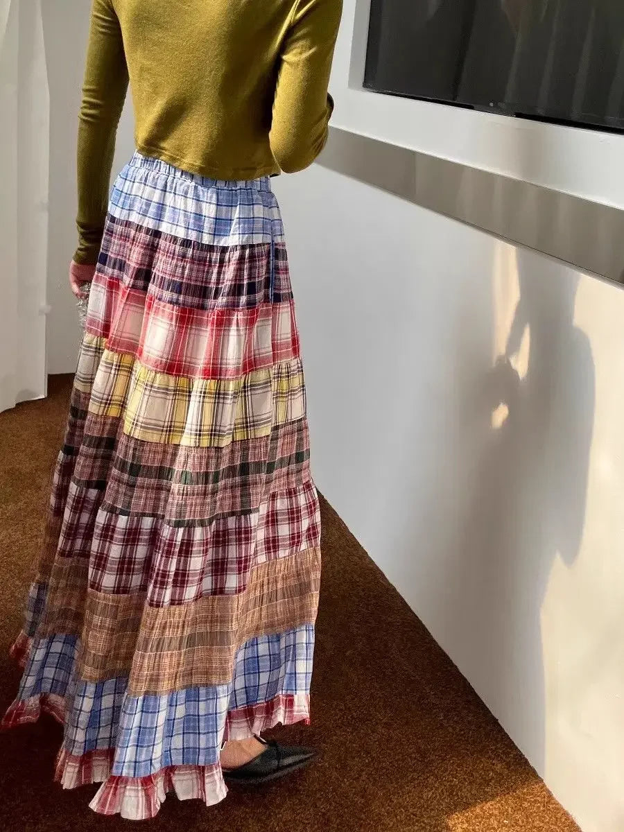 High Waist Plaid Patchwork A- Line Midi Skirt Women's Spring 2025 New Design Retro Unique Long Umbrella Skirt Polyester Fiber