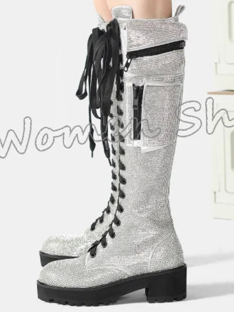 Knee High Boots Bling Glossy Pocket Zipper Lace-Up Round Toe Chunky Heels Fashion Punk Rock Gothic Novelty Sexy Women Shoes New