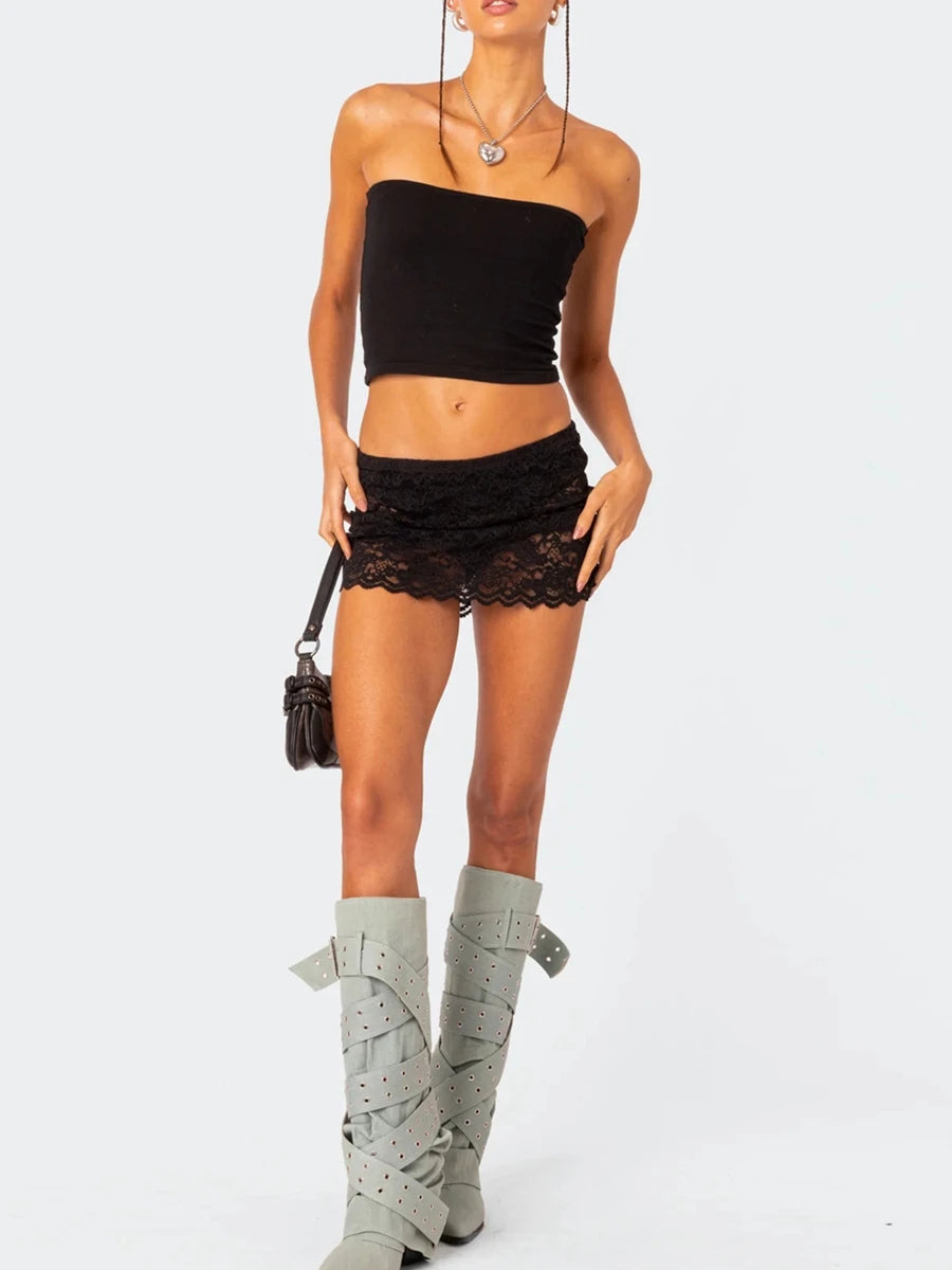 Women's Mini Lace Skirts Casual Low Waist Solid Color See Through Short Skirt for Female Streetwear Club Party Y2K 2000s 90s