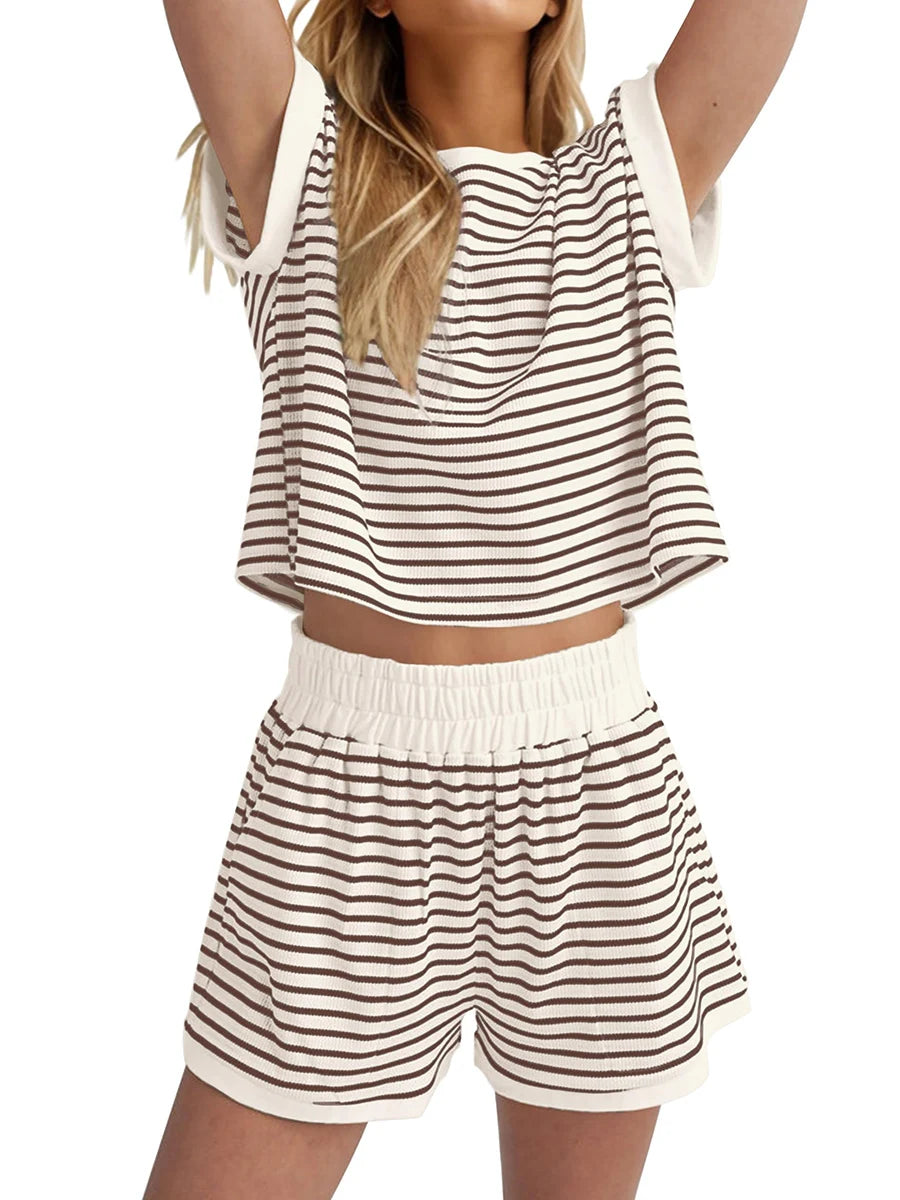Women’s Casual 2 Piece Outfits Summer Short Sleeve Stripes Print Tops + Elastic Waist Shorts Set Loungewear for Sports Work Out