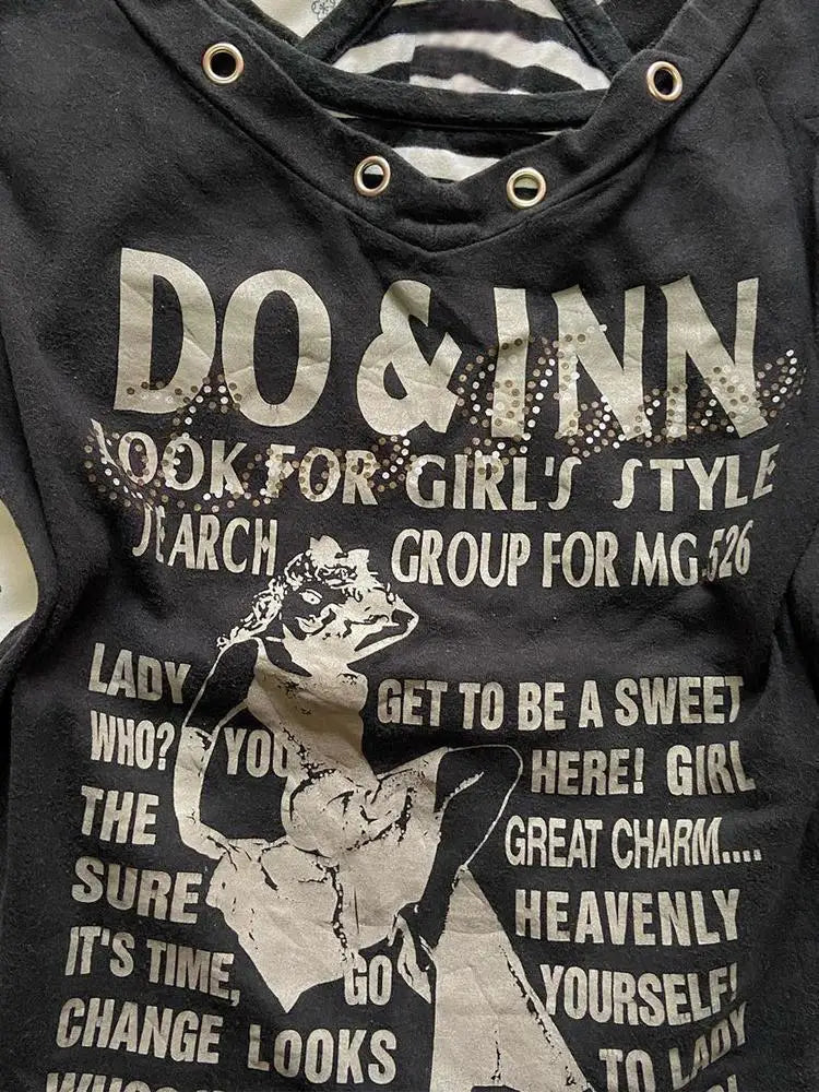 Millennial Retro Black Letter T-Shirt Gothic Rock Punk Short-sleeved Two-piece Set Harajuku Style Y2k Hip Hop Hot Girl Top