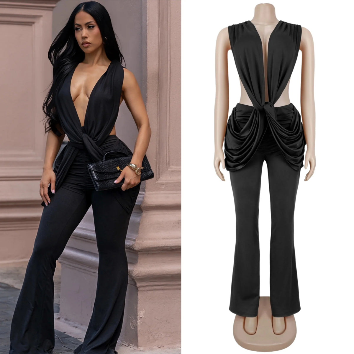 Halter Deep V Neck Ruched Flare Jumpsuit for Women