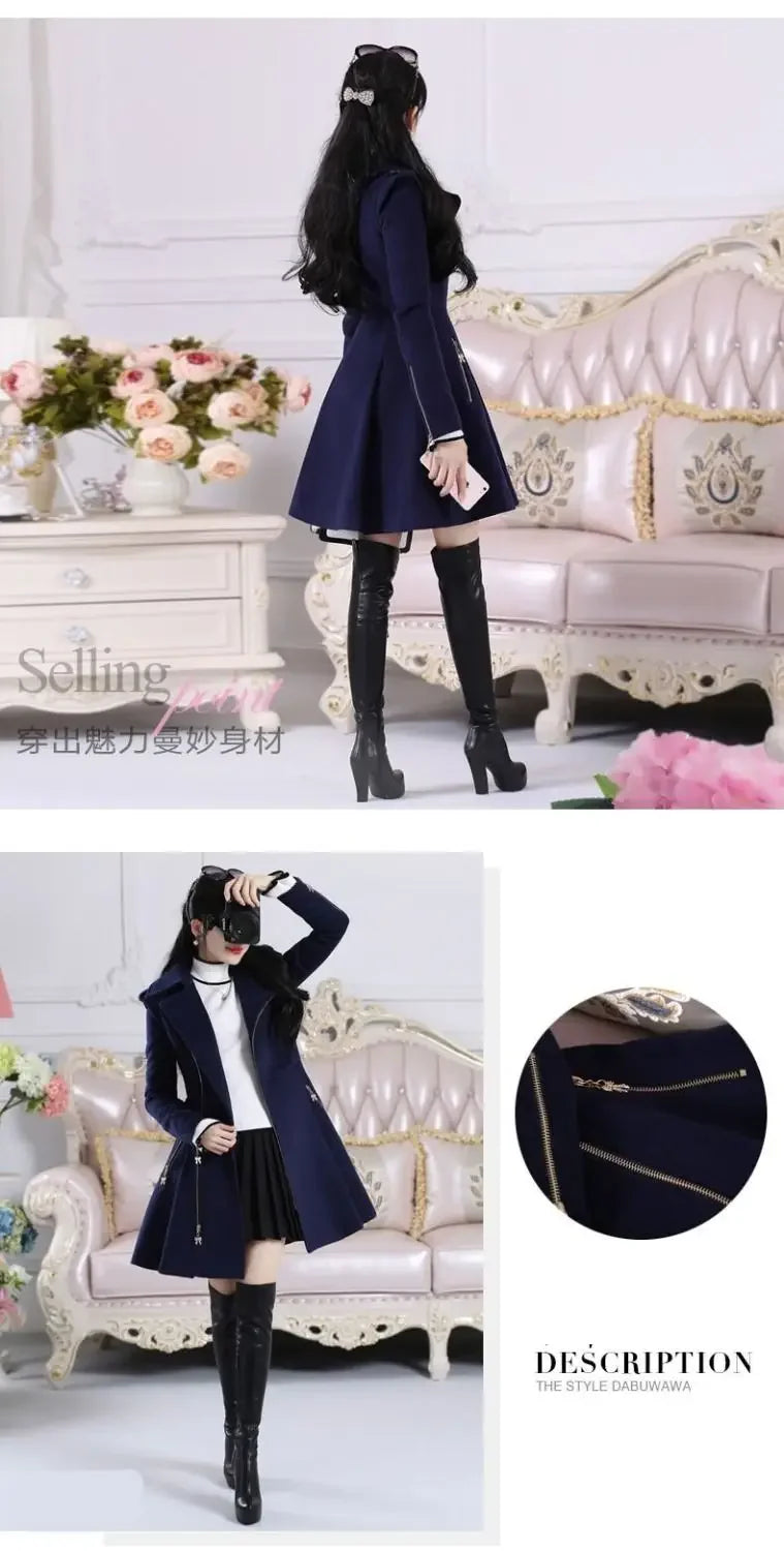 2025 Autumn Winter Clothing Deep Blue Zippered Long Sleeved Woolen Coat Jacket Women, Medium Length Slim Fit Thickened