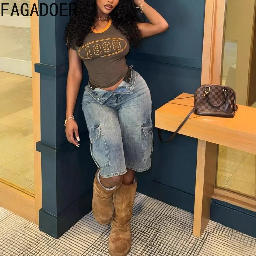 FAGADOER Y2K Sexy Bodycon Denim Pants Women Solid Color Cargo Pocket Patchwork Jeans Female Streetwear Bottoms 2025 Summer New