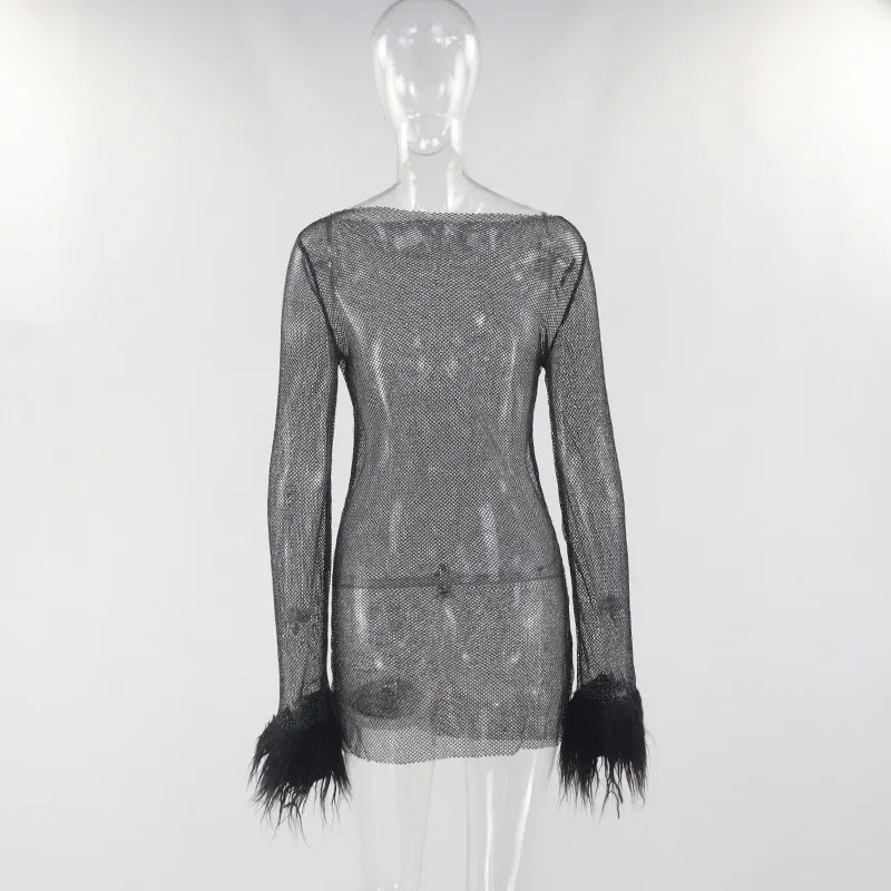 See Through Mesh Mini Dress Women Autumn Black Long Sleeves O-Neck Bodycon Elegant Sexy Dress Club Partywear Fashion Streetwear