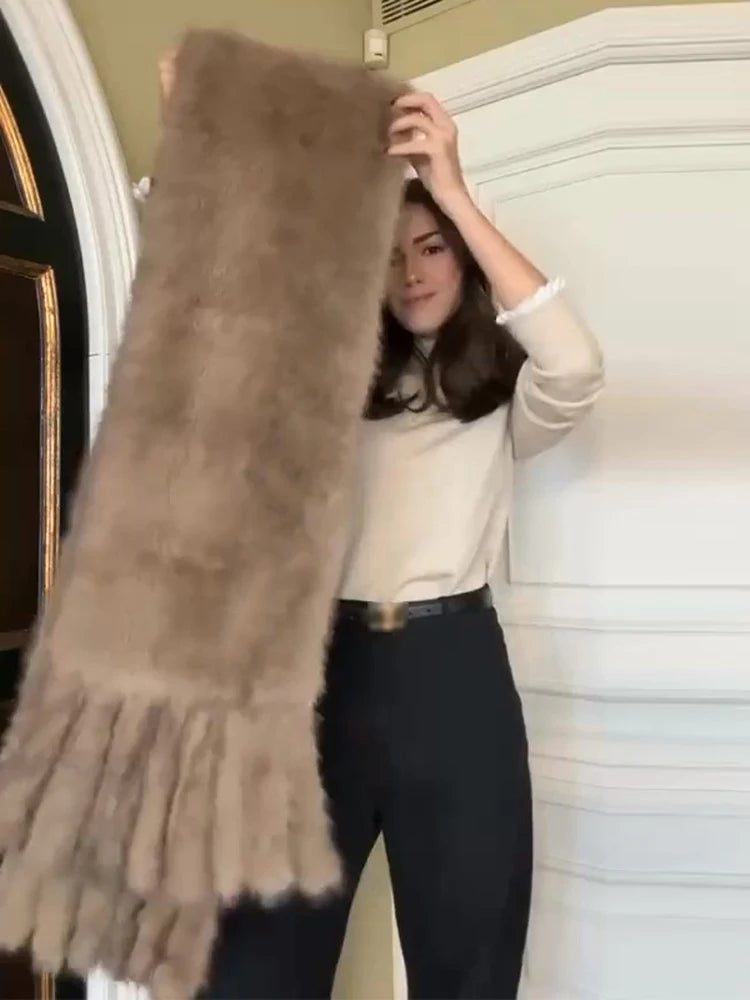 Long Thick Plush Faux Fur Scarf With Fringe for Women