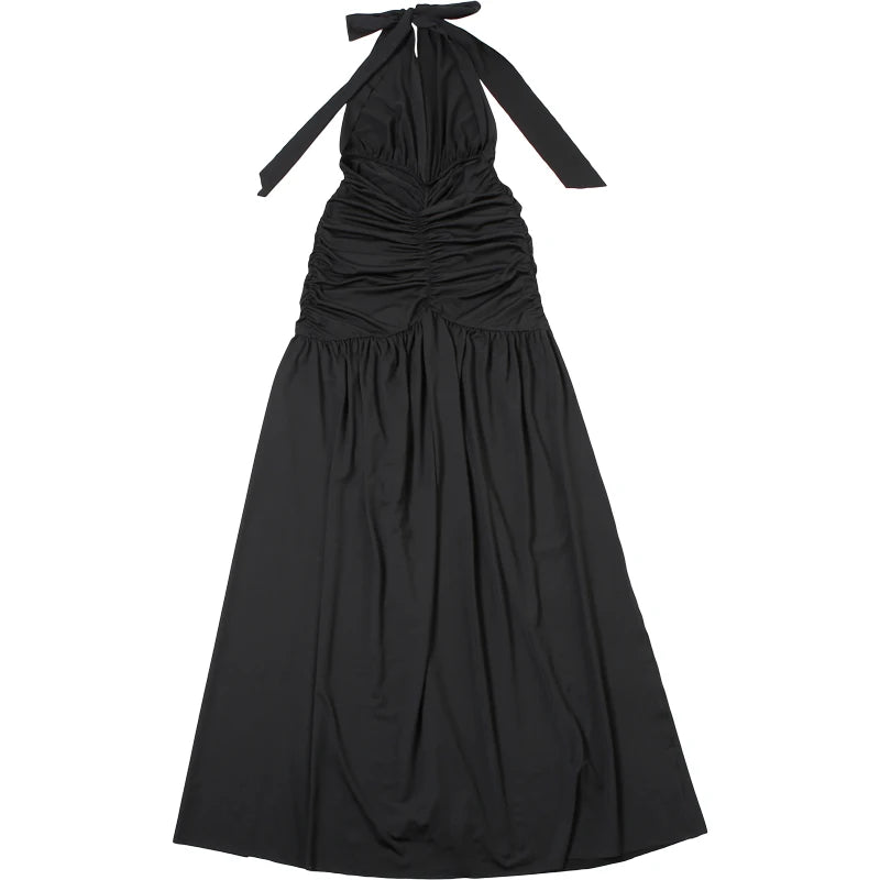 Weird Puss Deep V-Neck Halter Dress Woman Summer Ruffles Splits Backless Elegant Patchwork Solid Party Coquette Sexy Vestidos