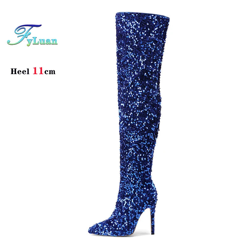 Sequin Pointed Toe Over The Knee Stiletto Boots For Women With Rear Zipper
