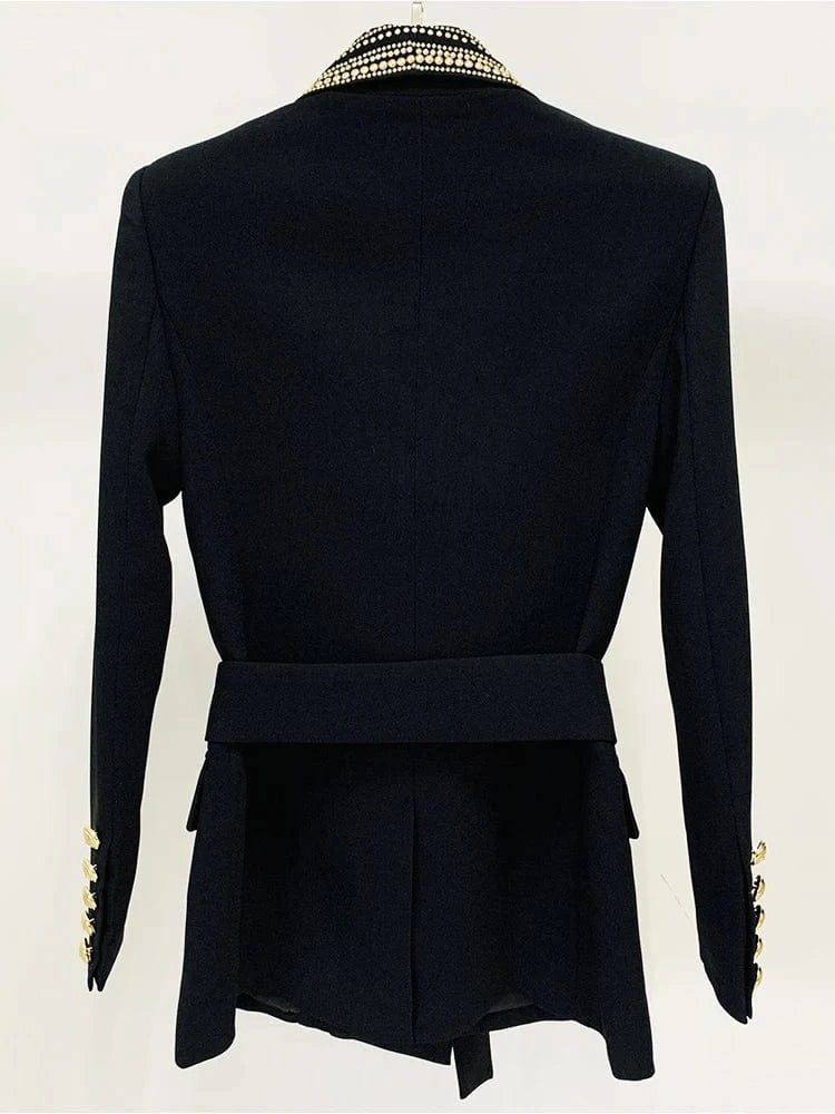 HIGH STREET Newest 2024 Stylish Designer Jacket Women's Metal Sheets Beading Belted Shawl Collar Blazer