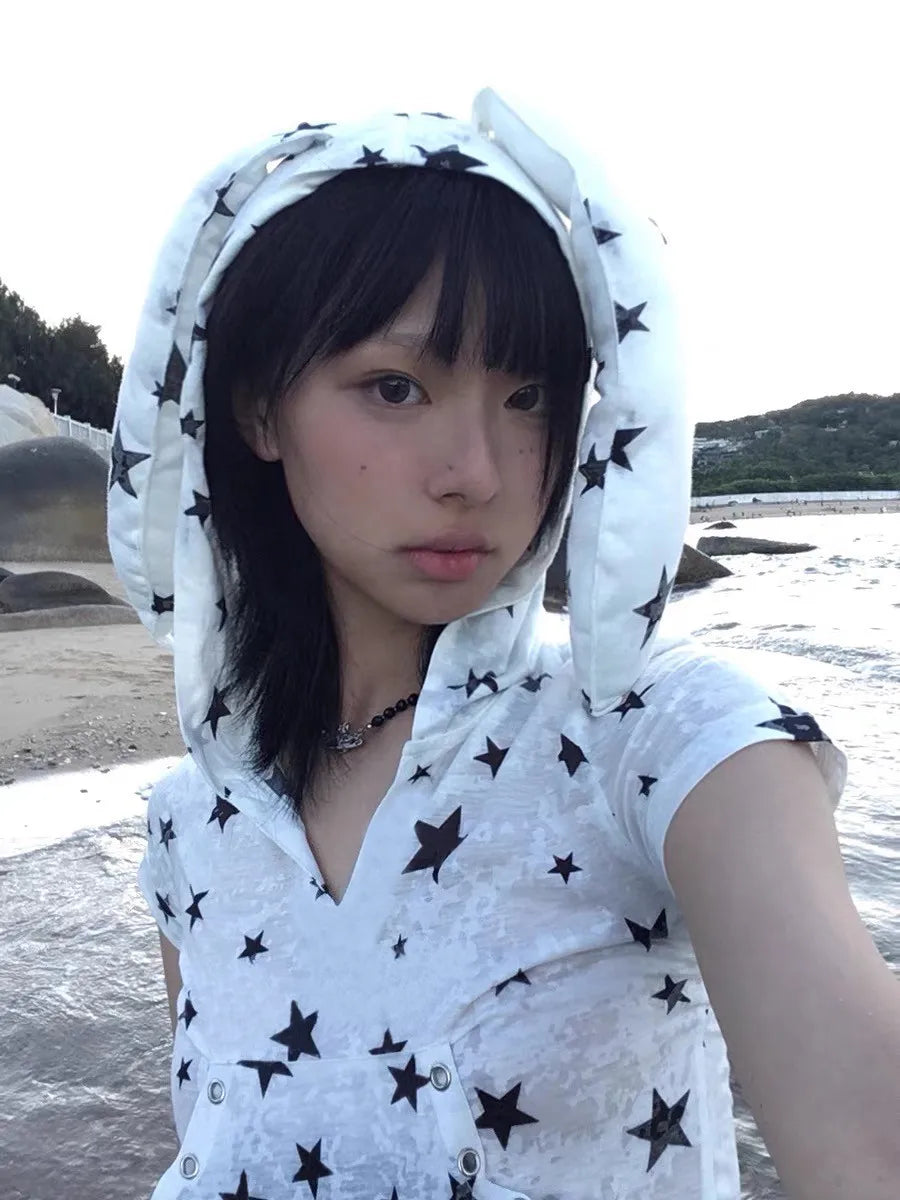 Karrram Japanese Y2k Hooded T-shirt Vintage 2000s Style Rabbit Ears Tops Harajuku Star Print Short Sleeve T Shirt Korean Popular