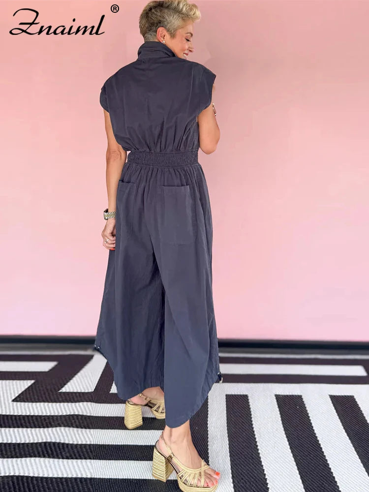 Znaiml Casual Loose Pocket Jumpsuit Women Sleeveless Button High Waist Wide Leg Rompers Street Overalls One Pieces Cargo Pants