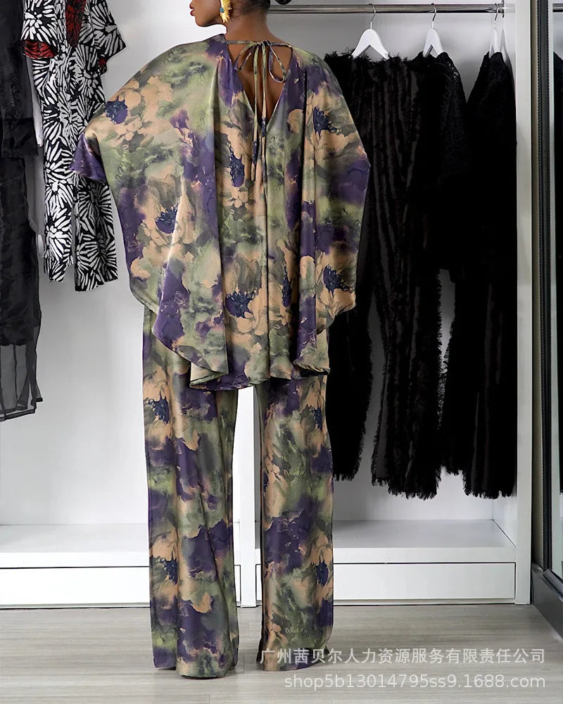 Pant Set Women Two Piece Sets Matching Sets Bat Sleeve Print Floral Tops Wide Leg Long Pants High Waist Casual Y2k Streetwear
