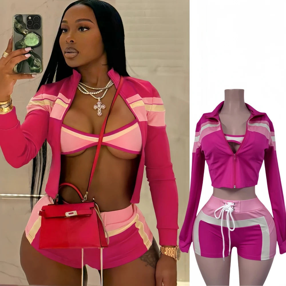 FAGADOER Sexy Sport 3 Pieces Set for Woman Color Block Long Sleeves Jacket + Tanks Top and Shorts Matching Female Beach Swimsuit