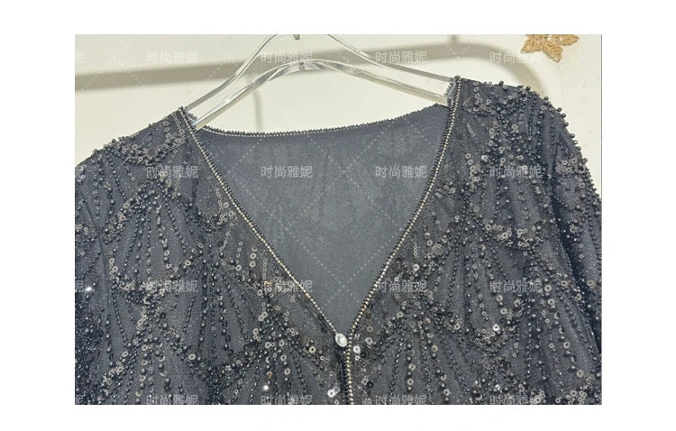 Fashion New Fashion Long-sleeved Sequined Pearl Bead Cardigan Women's Top High-waisted Skirt 2-piece 2025 Spring New Skirt Sets