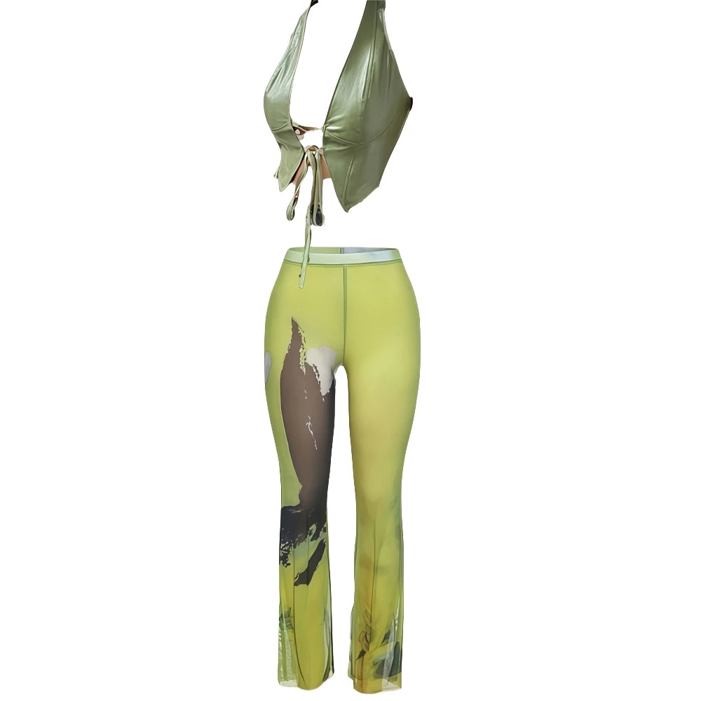 FAGADOER Y2k Sexy Tie Dye Printting Woman 2 Piece Set Outfit Halter Bandage Patchwork Crop Top and Flare Pants Female Streetwear
