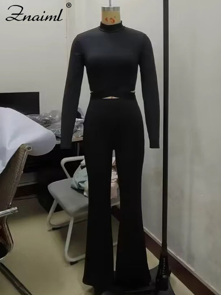 Znaiml Women's Full Sleeve Cross Hollow Out Crop Tops and Flare Pants Set Spring Fall Fitness Sports Blue Two 2 Piece Outfits