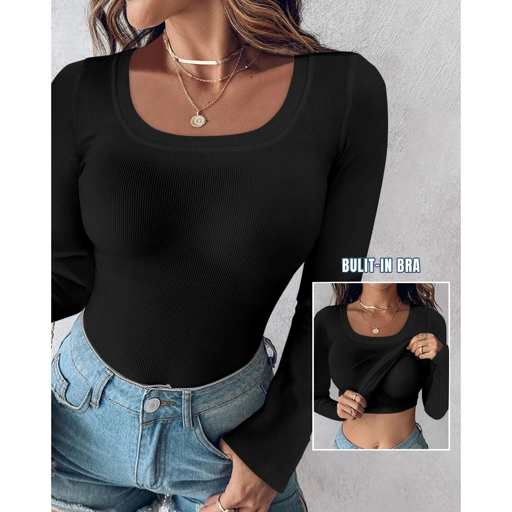 Autumn Spring Women U-Neck Built-in Bra Long Sleeve Ribbed Top Femme Skinny Casual Basic Easy Matching T-Shirts