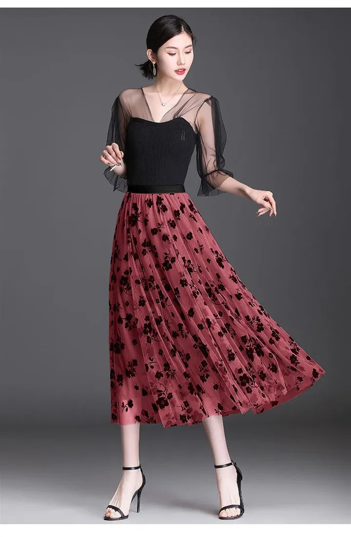 Flocking Floral Pirnted Long Mesh Skirt for Women, High Waist, Max Pleated Tutu, Tulle Skirt, Gauze Skirt, Female, 2025