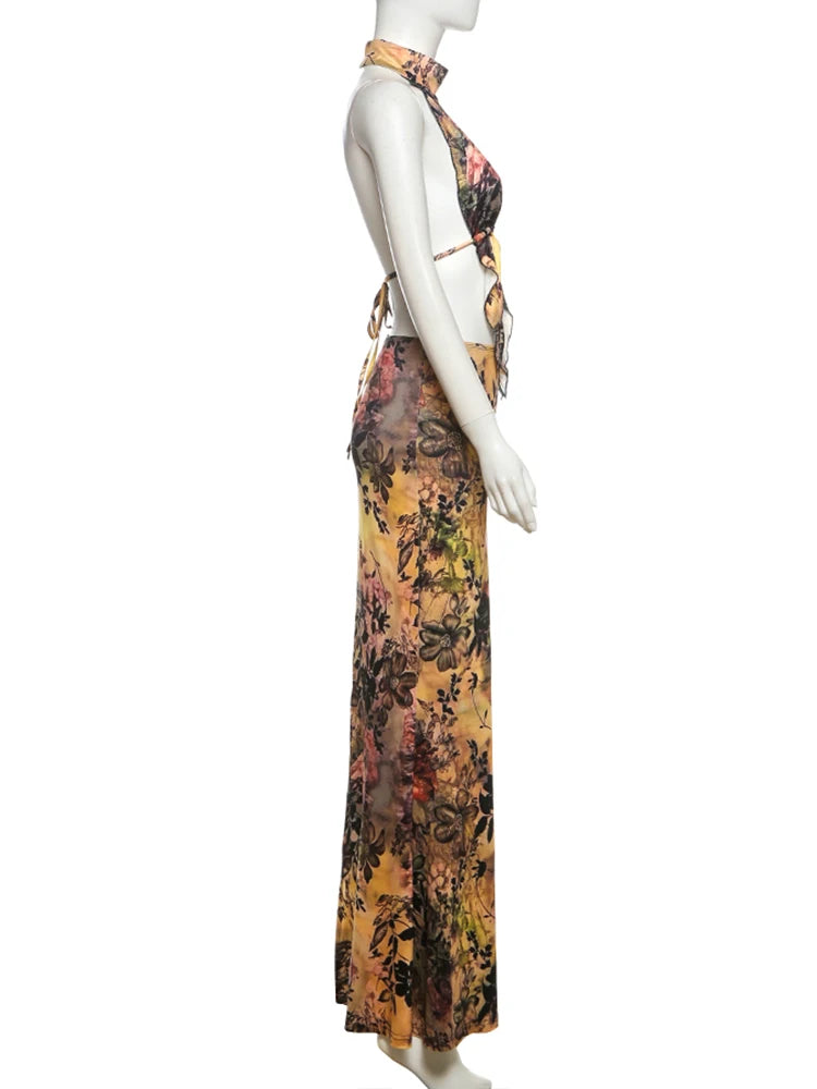 kliou Y2K Print Sexy Women 2 Piece Set Trend Sexy Hot High Street Halter Crop Tanks+Matchig Skirts Mujer Attractive Party Suits