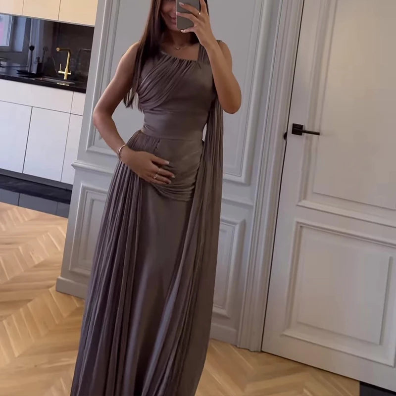 Spring Summer High Waisted Women's Banquet Dress Elegant Temperament Solid Color Slim Host Dress Casual Draped Office Long Dress
