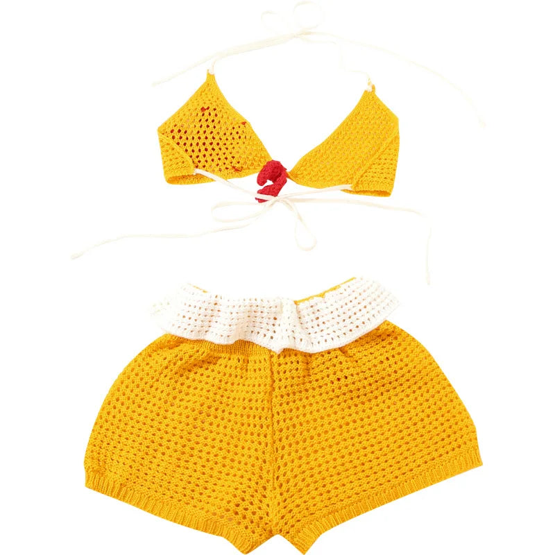 Joskaa 3D Flower Knit Beach Style 2 Piece Sets Women Sexy Halter Bra and Patchwork Shorts Matching 2025 Summer Holiday Outfits